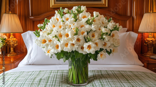 beautiful arrangement of white flowers with orange centers glass vase, placed neatly made bed with elegant decor, creating serene atmosphere