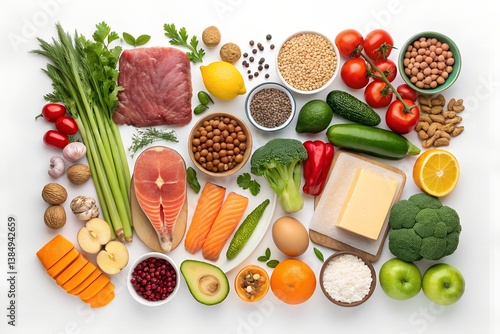 Group of healthy food for flexitarian diet healthy raw food for flexitarian mediterranean diet. The composition includes salmon, chicken breast, canned tuna, cow steak, fruits, vegetables, nuts, seeds