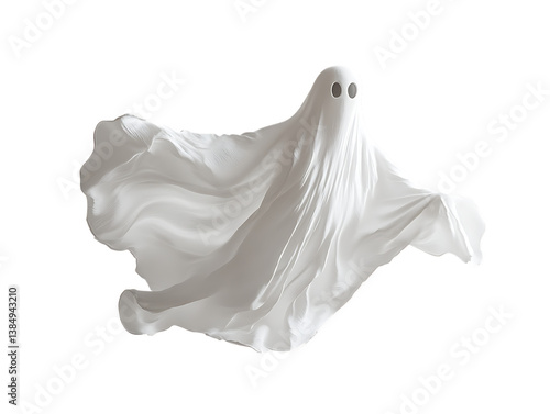 flying halloween ghost in a white sheet on png