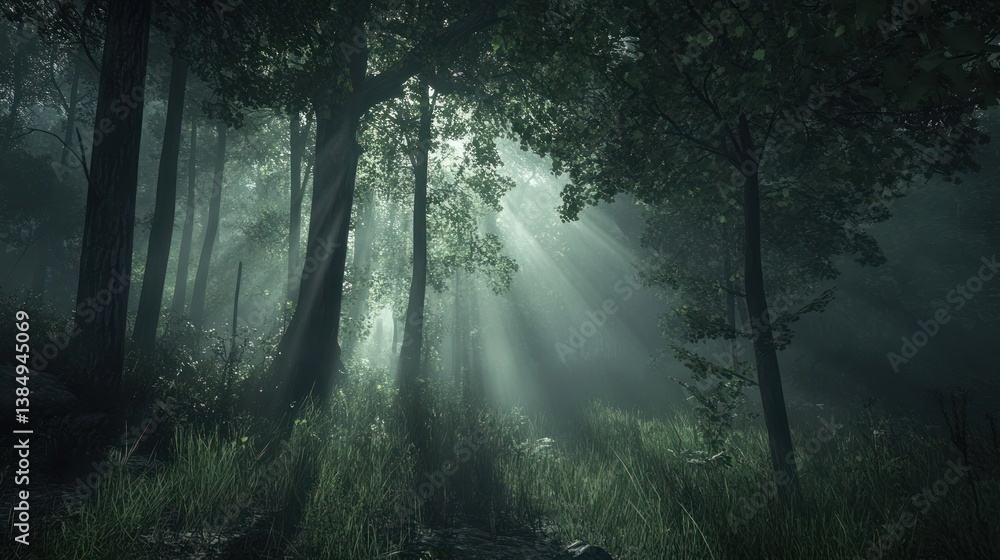 Fototapeta premium Misty forest sunlight through trees; serene nature scene; atmospheric landscape; possible use stock photography