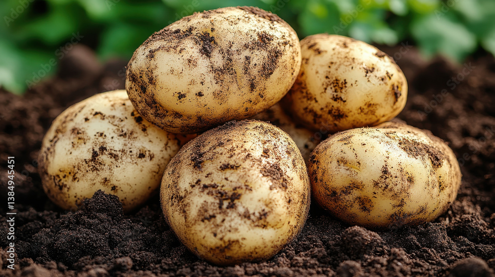 Freshly harvested potatoes with soil, showcasing their natural earthy texture and color, evoke sense of farm to table freshness
