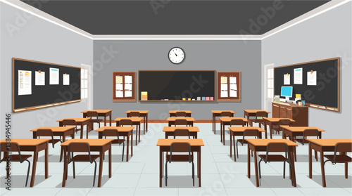 Modern classroom interior with furniture and blackboard. Flat colorful vector illustration