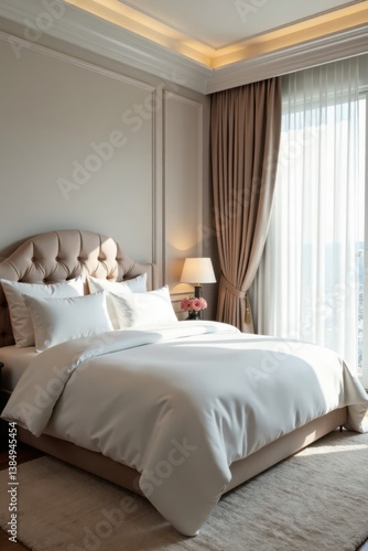 Wallpaper Mural Elegant bedroom with plush white bedding, velvet headboard and floor-to-ceiling curtains, elegant bedroom, white bedroom decor Torontodigital.ca