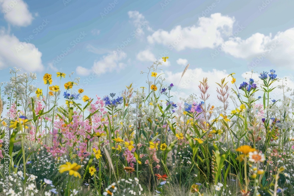 Vibrant wildflower meadow under a clear sky filled with fluffy clouds in springtime Vibrant wildflower meadow under a clear sky filled with fluffy clouds in springtime