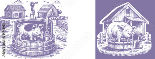 Engraving Design Set Farm Pig in Barnyard with Water Can - Rustic Country Scene for Home & Farm Decor pig, food, animal, farm, water, can, livestock, drinking, rural, agriculture