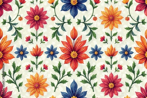 Floral damask pattern with colorful, seamless vector flowers in various shapes and sizes, botanical, abstract