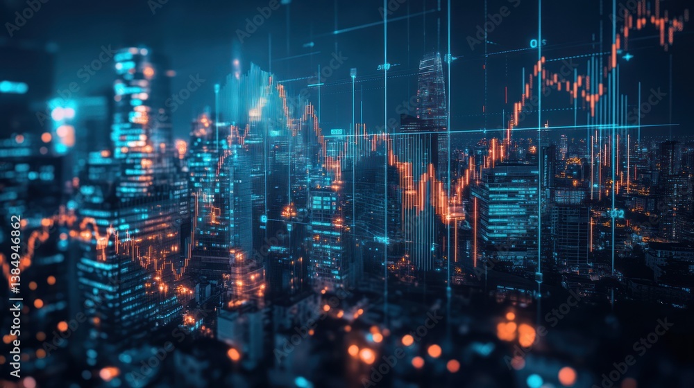 custom made wallpaper toronto digitalNight city skyline with financial data overlay; stock market trends; potential use in investment, business, or technology themes