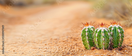 Tiny green barrel cactus growing on desert path with soft blurred orange ground background