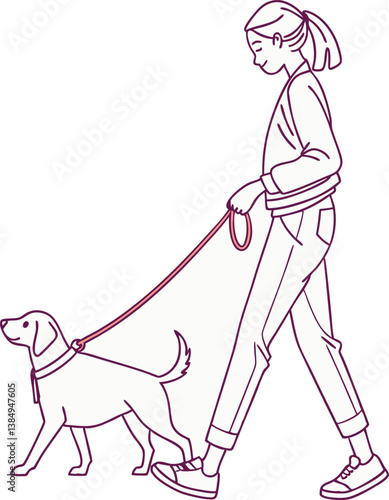 Woman Walking Her pet Dog Outdoors in a Minimalist Line Art Style