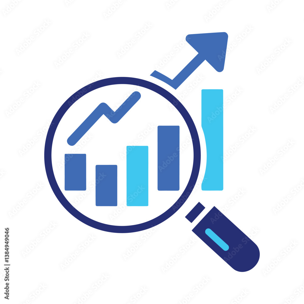 Data analysis icon with magnifying glass and upward bar chart arrow representing business growth and statistics Data analysis icon with magnifying glass and upward bar chart arrow representing business growth and statistics