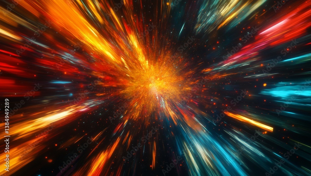 Explosive cosmic burst radiating outwards in vibrant colors Explosive cosmic burst radiating outwards in vibrant colors