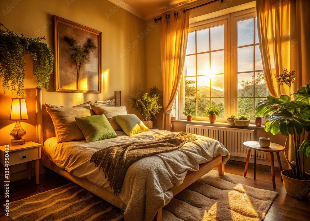Fototapeta premium Cozy Sunlit Bedroom: Serene Morning Light in a Warm, Inviting Space