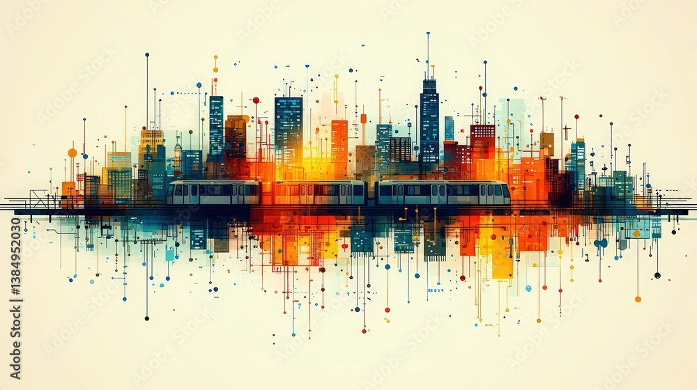 Fototapeta premium Abstract Cityscape with Trains and Colorful Urban Skyline Reflection at Sunset