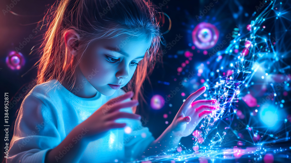 A kid girl learns online using futuristic technology. The concept of the integration of advanced digital tools in education, and learning experiences for the future generation. Generative AI. A kid girl learns online using futuristic technology. The concept of the integration of advanced digital tools in education, and learning experiences for the future generation. Generative AI.