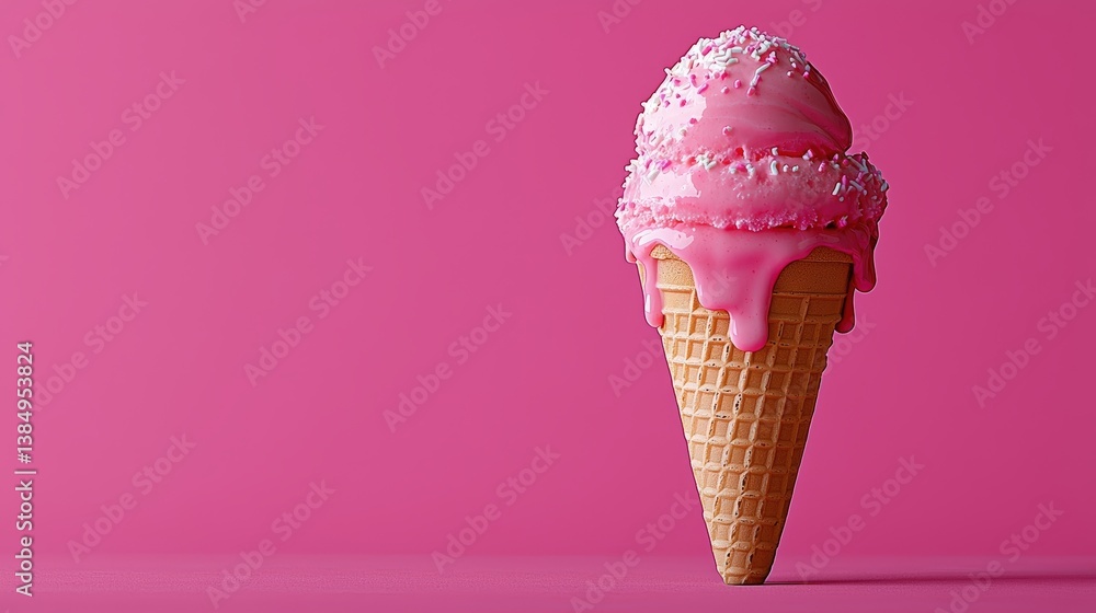 Delicious Pink Ice Cream Cone with Sprinkles on Bright Pink Background for Summer Treats Delicious Pink Ice Cream Cone with Sprinkles on Bright Pink Background for Summer Treats