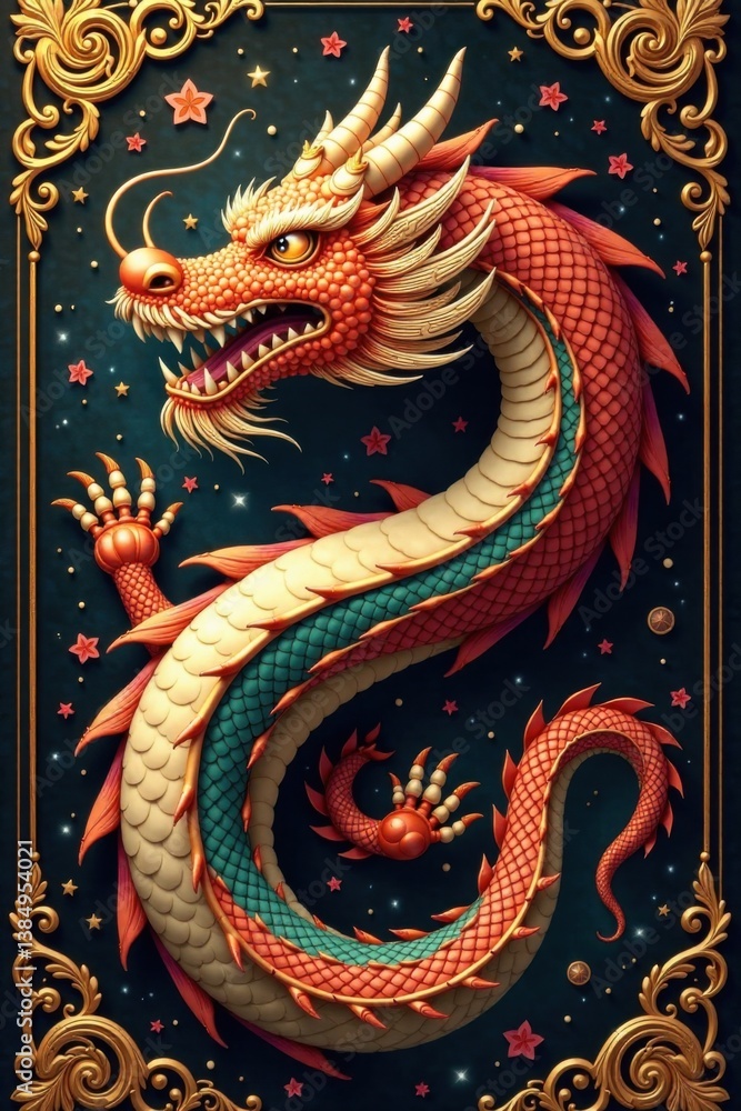 Obraz premium Regal dragon surrounded by intricate golden swirls on a lavish background, fantasy, dragons, mystical