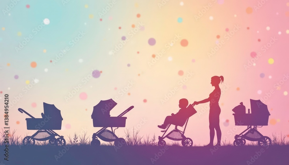 Subtle stroller silhouettes repeat on a pastel background , repeat, soft, stylish