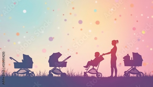 Obraz na płótnie Subtle stroller silhouettes repeat on a pastel background , repeat, soft, stylish w salonie