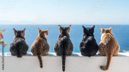 Five cats gaze at the azure sea from a white terrace wall, enjoying a sunny day