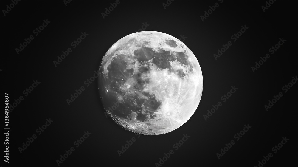 Naklejka premium Close-Up of Full Moon Against Black Sky – Detailed Monochrome View of Lunar Surface and Craters