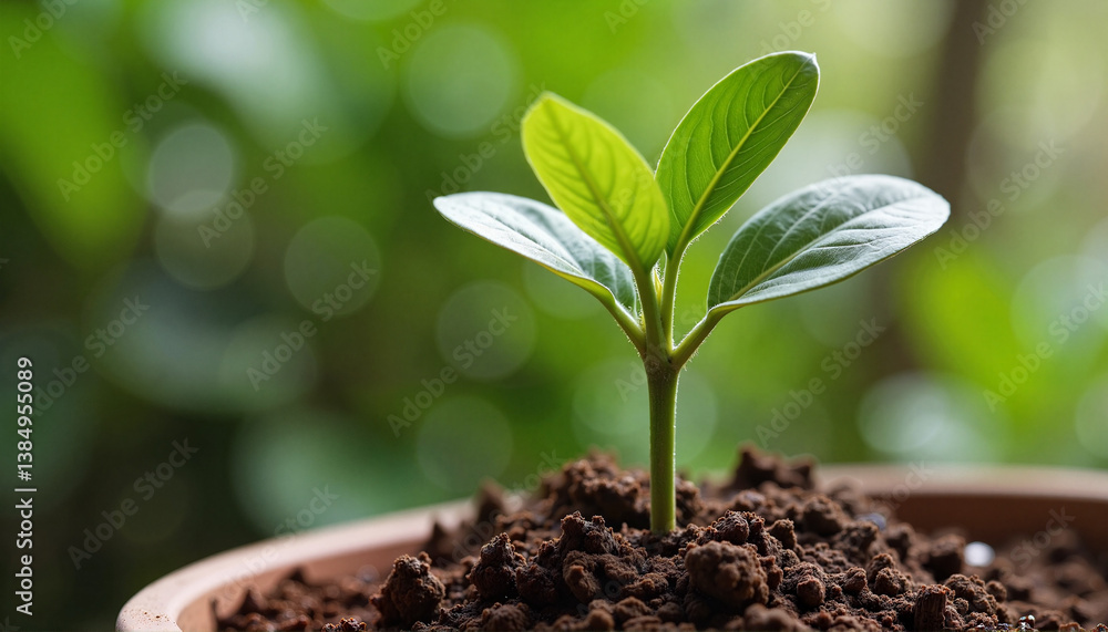 Naklejka premium A close-up of a delicate transplanting ficus tree with vibrant green leaves against dark soil 