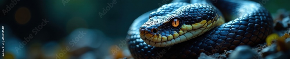 Obraz premium Snake's face with piercing gaze, scales glisten in moonlight, animal eyes, animal, blue viper snake closeup