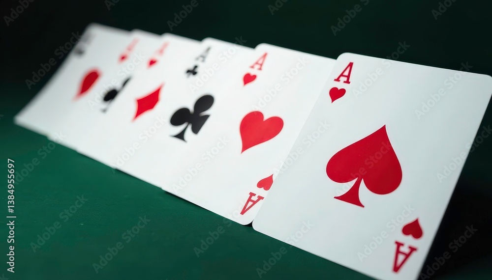 Playing cards arranged in a row showing an ace of each suit , playing cards, diamonds, pattern