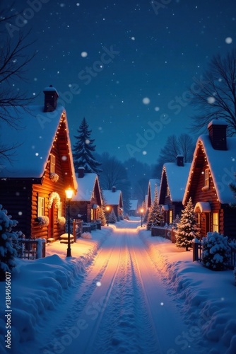 Snowy village street at night with Christmas lights and decorated houses , decorations, christmas, holiday