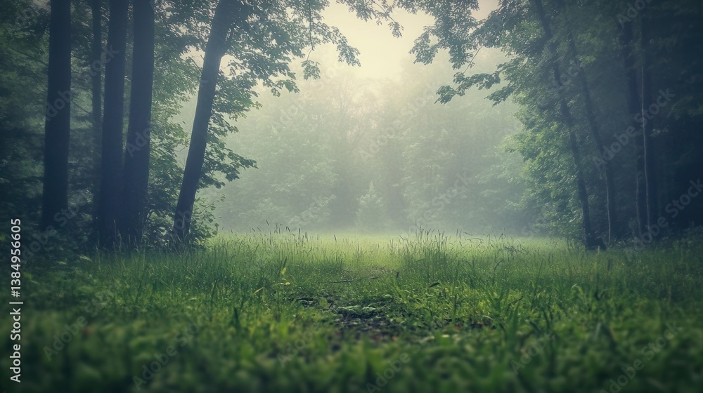 Obraz premium Misty forest clearing, tranquil nature scene, perfect for backgrounds