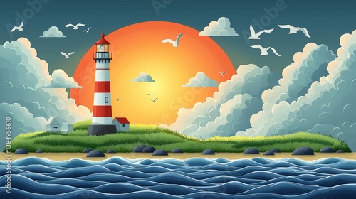 Scenic Lighthouse at Sunset with Colorful Sky and Gentle Ocean Waves in a Serene Landscape