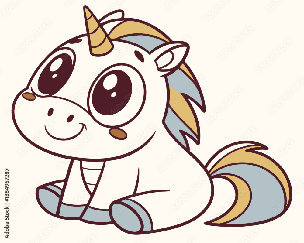 Fototapeta premium Cute cartoon unicorn with big eyes sitting on light background 
