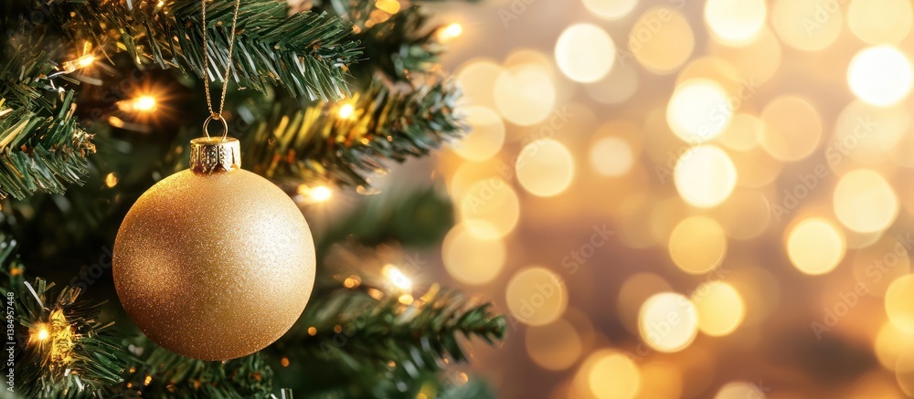 Festive ornament hanging on a pine tree branch with blurred luminous backdrop