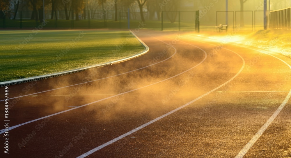 Misty morning on empty running track in park Misty morning on empty running track in park