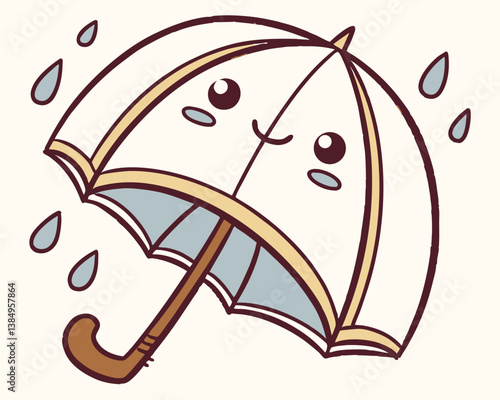Cute kawaii umbrella smiling under raindrops  