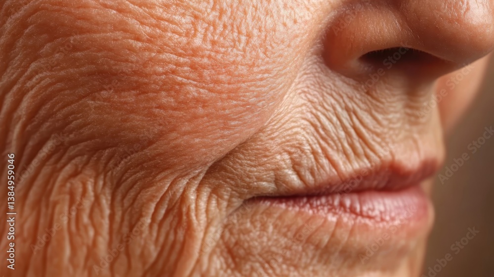Obraz premium Senior adult facial skin showing deep wrinkles around mouth and nose, marking natural aging process with reduced elasticity and changing texture