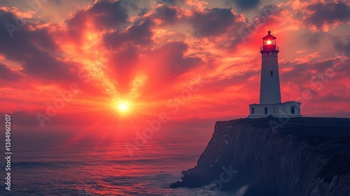 Majestic Lighthouse Against Vibrant Sunset Over Calm Ocean Waters With Dramatic Cloudscape