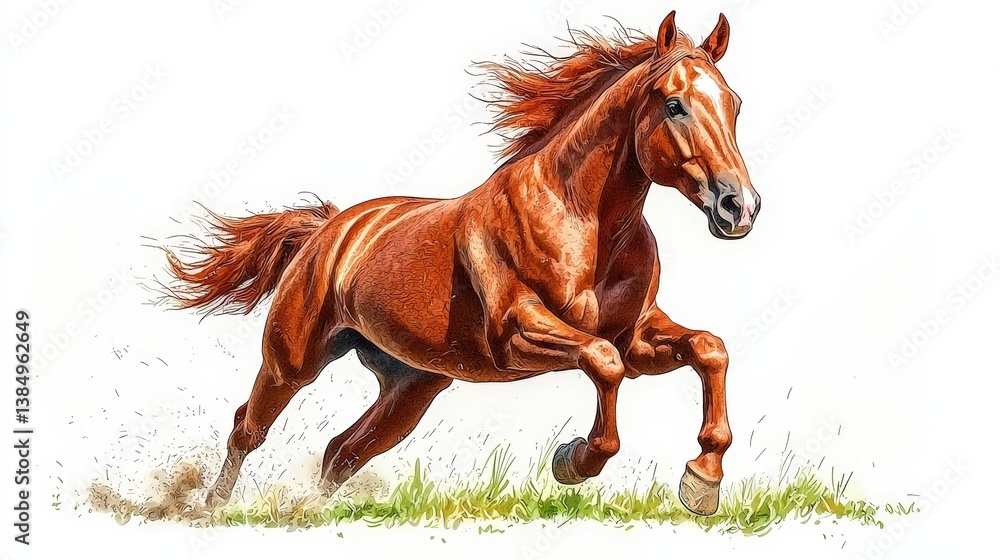 Fototapeta premium Majestic Chestnut Horse Galloping Gracefully Through Lush Green Grass Field in Bright Sunlight