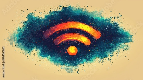 Vibrant Abstract Art Depicting Wireless Signal Symbol with Colorful Splashes and Texture