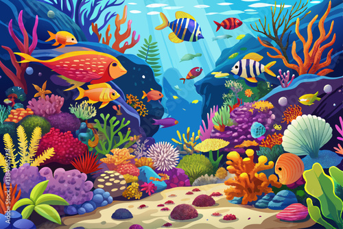 vector of Colorful coral reef teeming with diverse fish species. Vibrant underwater ecosystem alive with aquatic beauty