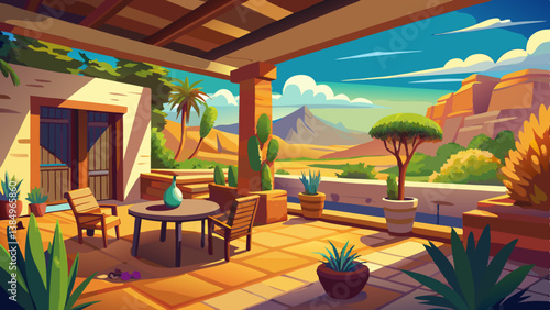 Southwestern home patio with a view of the desert and mountains
