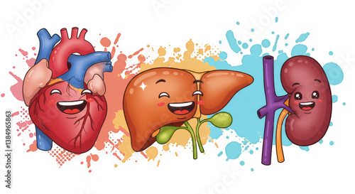 Cartoon human organs heart liver kidneys smiling happy and healthy set