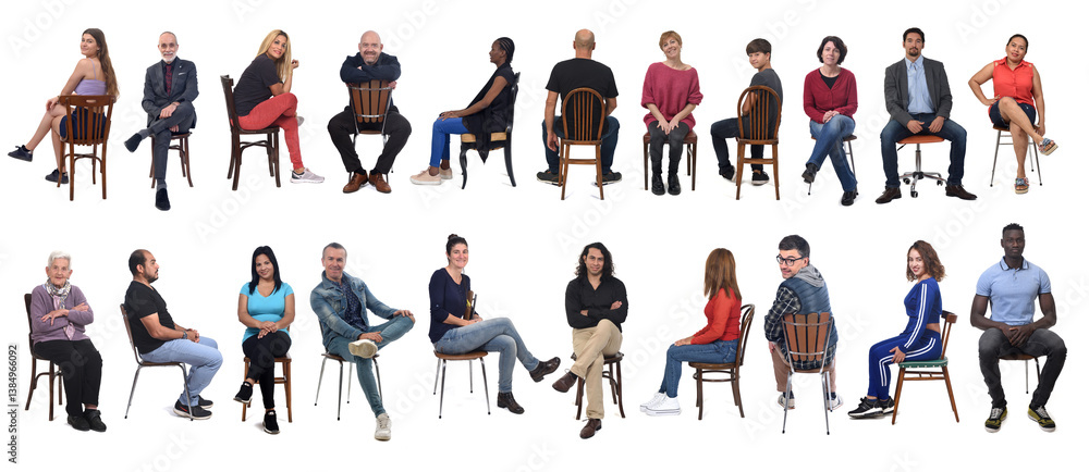 Obraz premium large group of people sitting in different ways on white background..