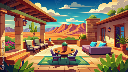 Southwestern home patio with a view of the desert and mountains