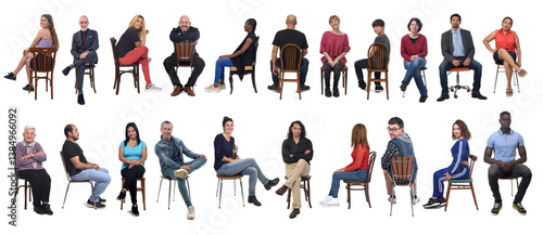 large group of people sitting in different ways on white background..