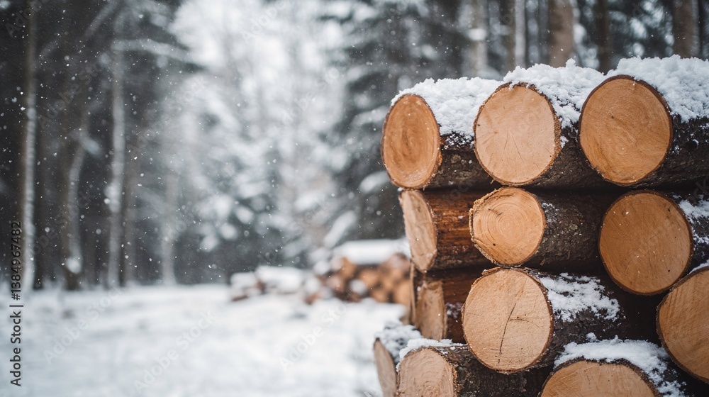 Stack of logs covered with snow lying in the forest Stack of logs covered with snow lying in the forest
