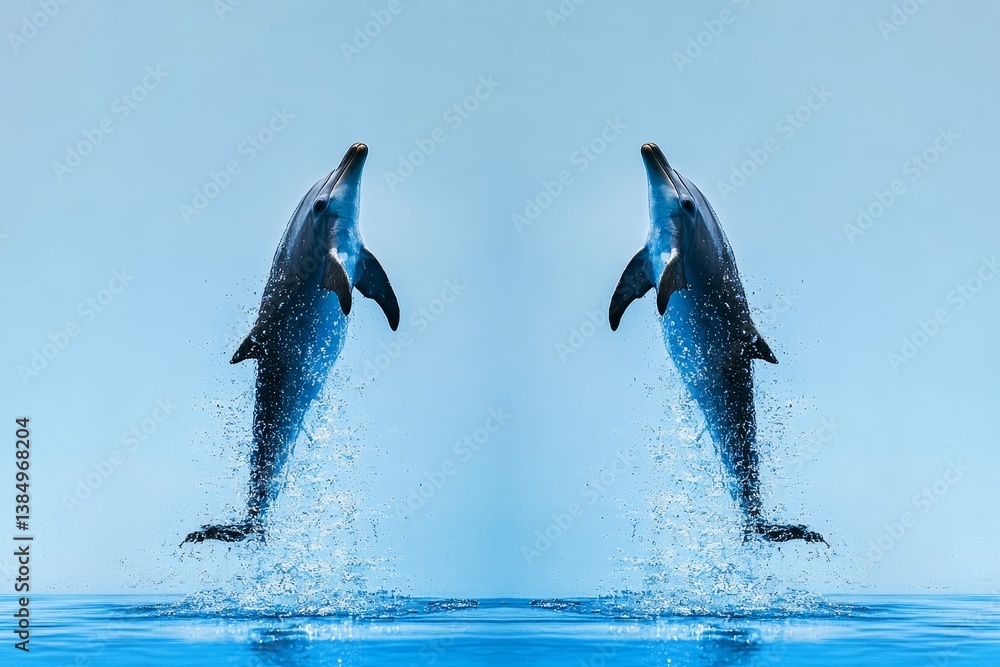 Obraz premium Symmetrical Composition of Two Dolphins Leaping Out of Water Against Blue Background in High-Definition Photography