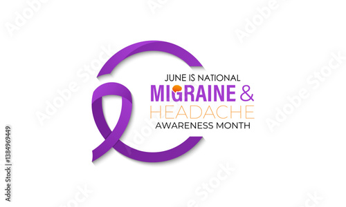 Vector illustration on the theme of National Migraine and headache awareness month in June. Symptoms can include severe throbbing pain, nausea, light sound sensitivity, and aura. Banner and background