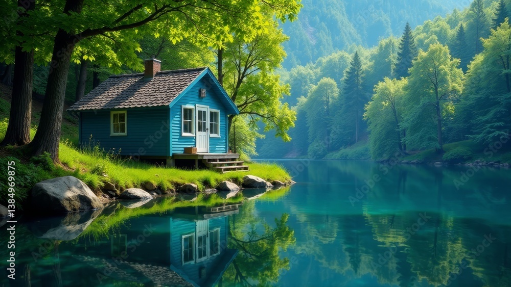 Fototapeta premium Serene Lakeside Cottage Nestled Amongst Lush Greenery and Reflecting in Calm Waters