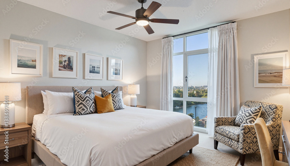 Fototapeta premium Bright bedroom with modern decor overlooking serene waterfront, relaxation