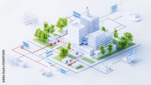 Visual flowchart of modern healthcare facility with interconnected buildings, green spaces, and digital information displays, illustrating
